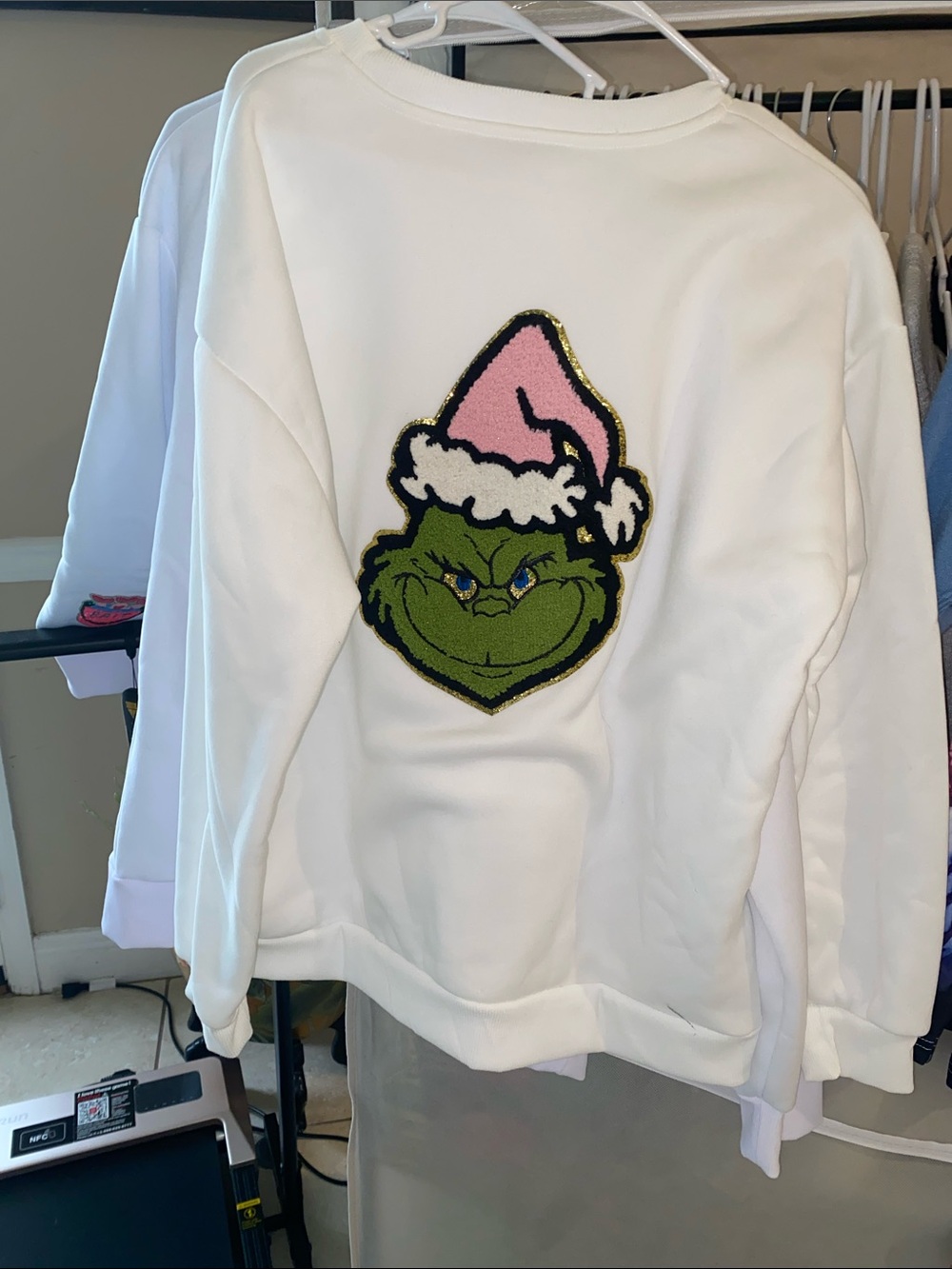 White Crewneck Sweater with Pink-Trim Grinch Patch Handmade (KellyKanduh)